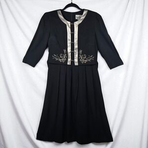 VTG Peri Petites Secretary Dress Black‎ Silver Trim Embroidery Pleated Woman 8